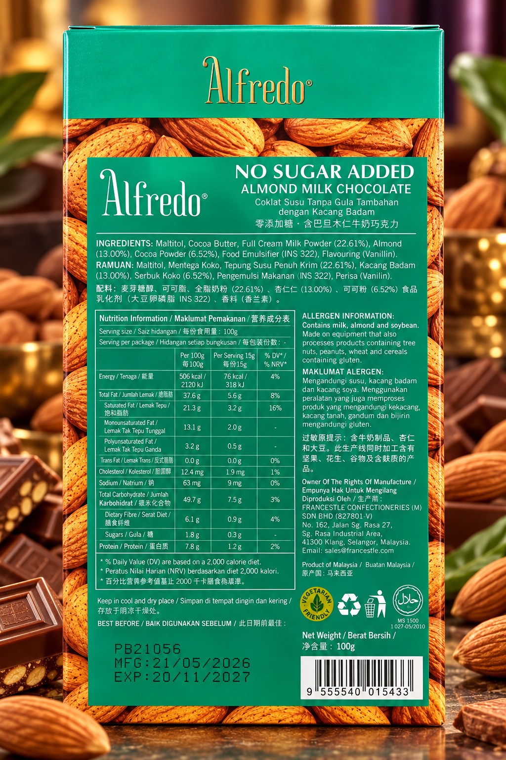 Alfredo No Sugar Added Almond Milk Chocolate 100gm