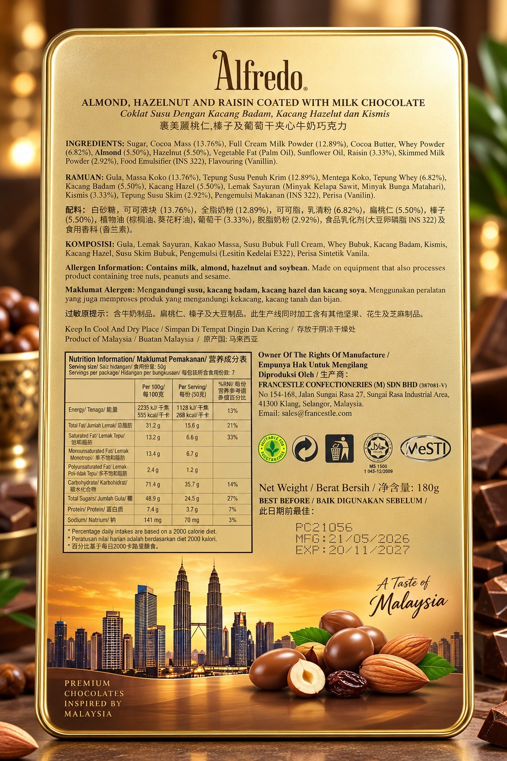 Alfredo Splendour Of Malaysia Gold Tin Assortment Chocolate 180gm