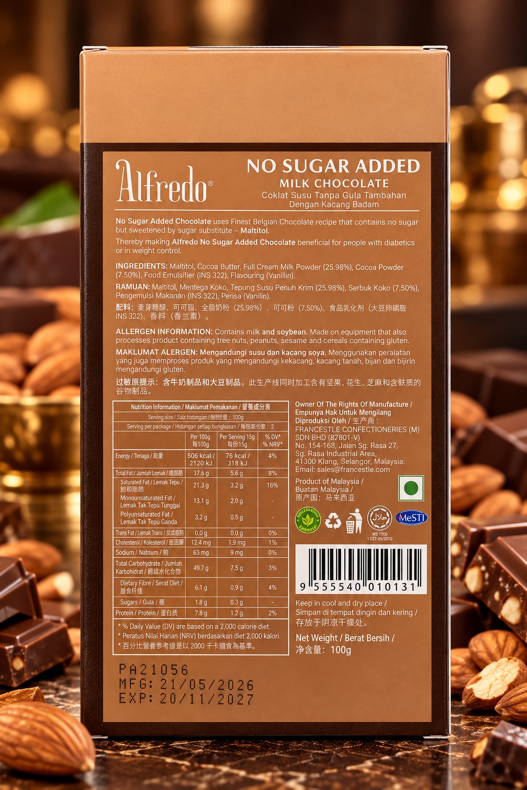 Alfredo No Sugar Added Milk Chocolate 100gm