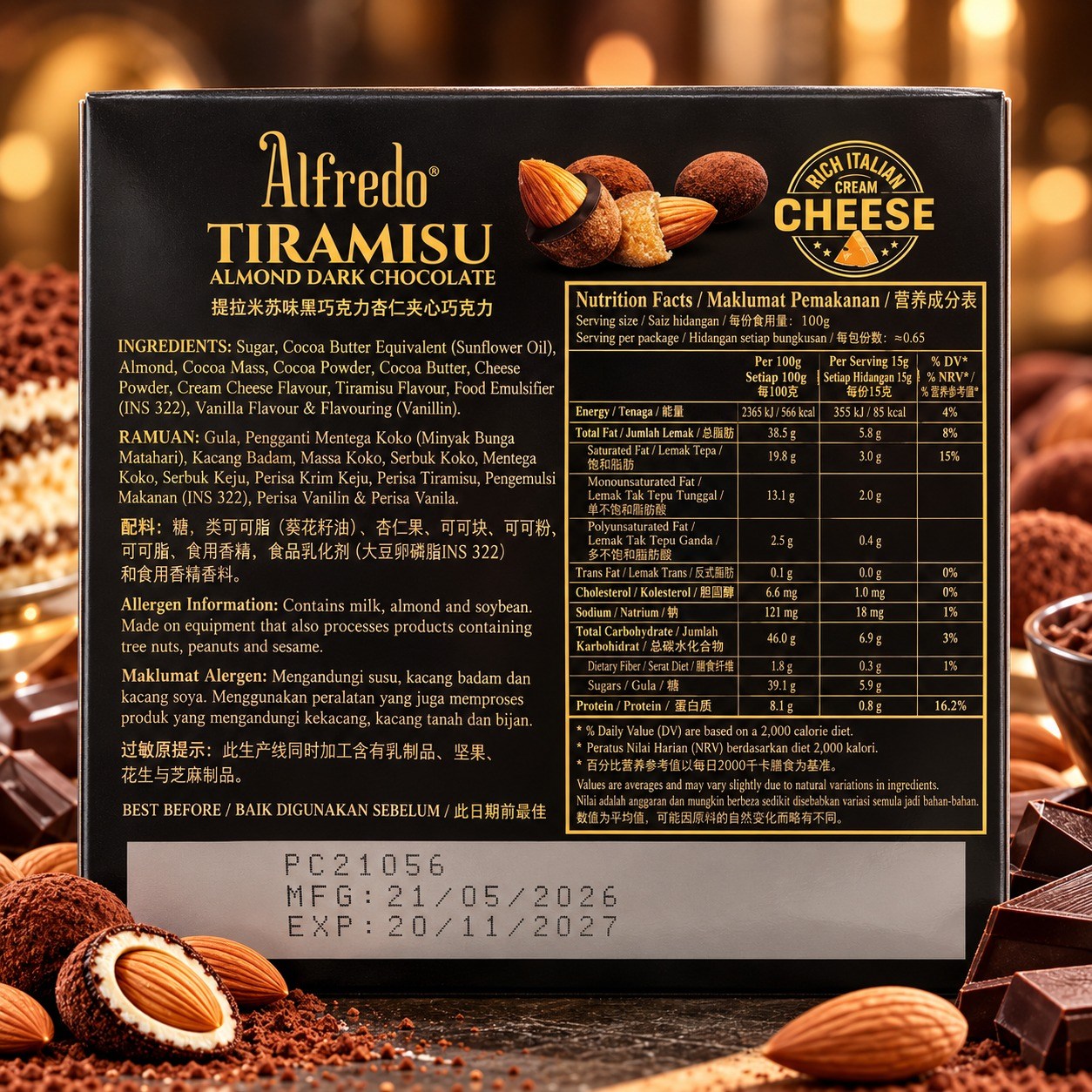 Alfredo Tiramisu Almond Dark Chocolate 180gm