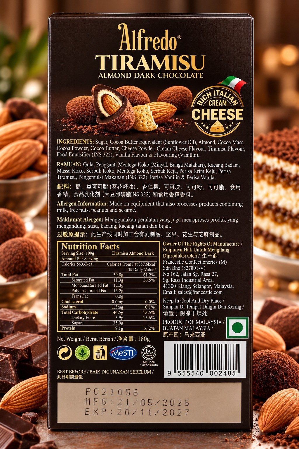 Alfredo Tiramisu Almond Dark Chocolate 180gm