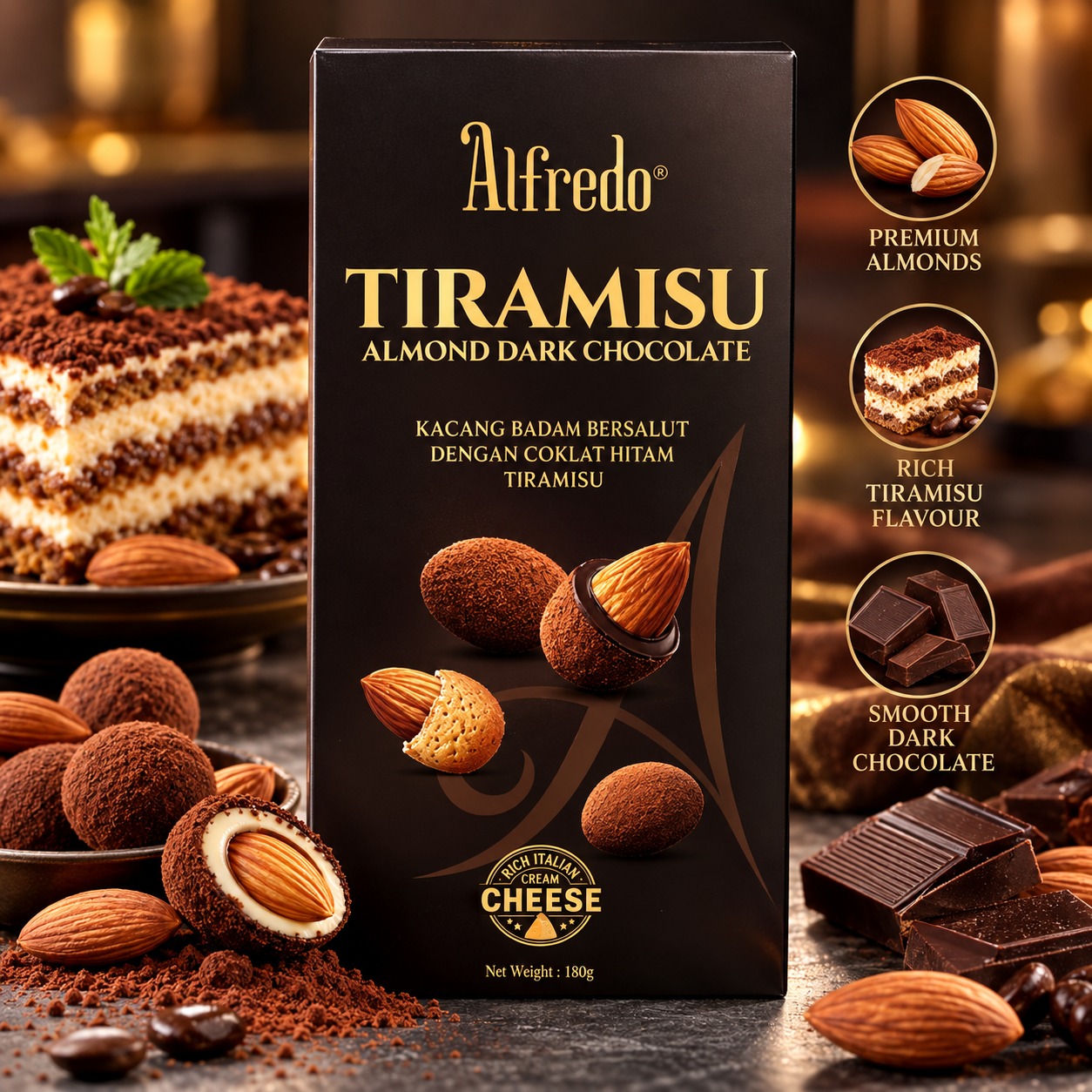 Alfredo Tiramisu Almond Dark Chocolate 180gm