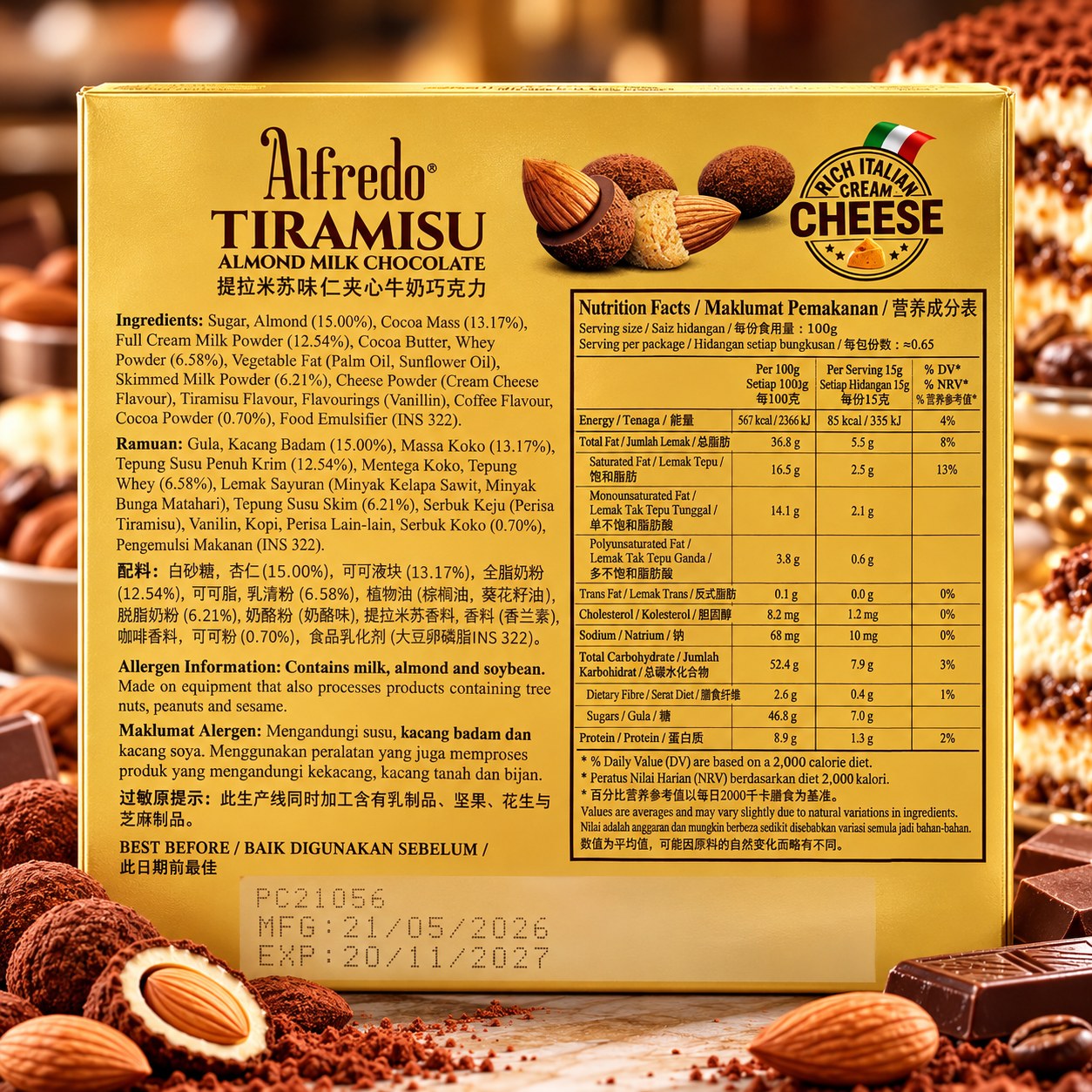 Alfredo Tiramisu Almond Milk Chocolate 180gm
