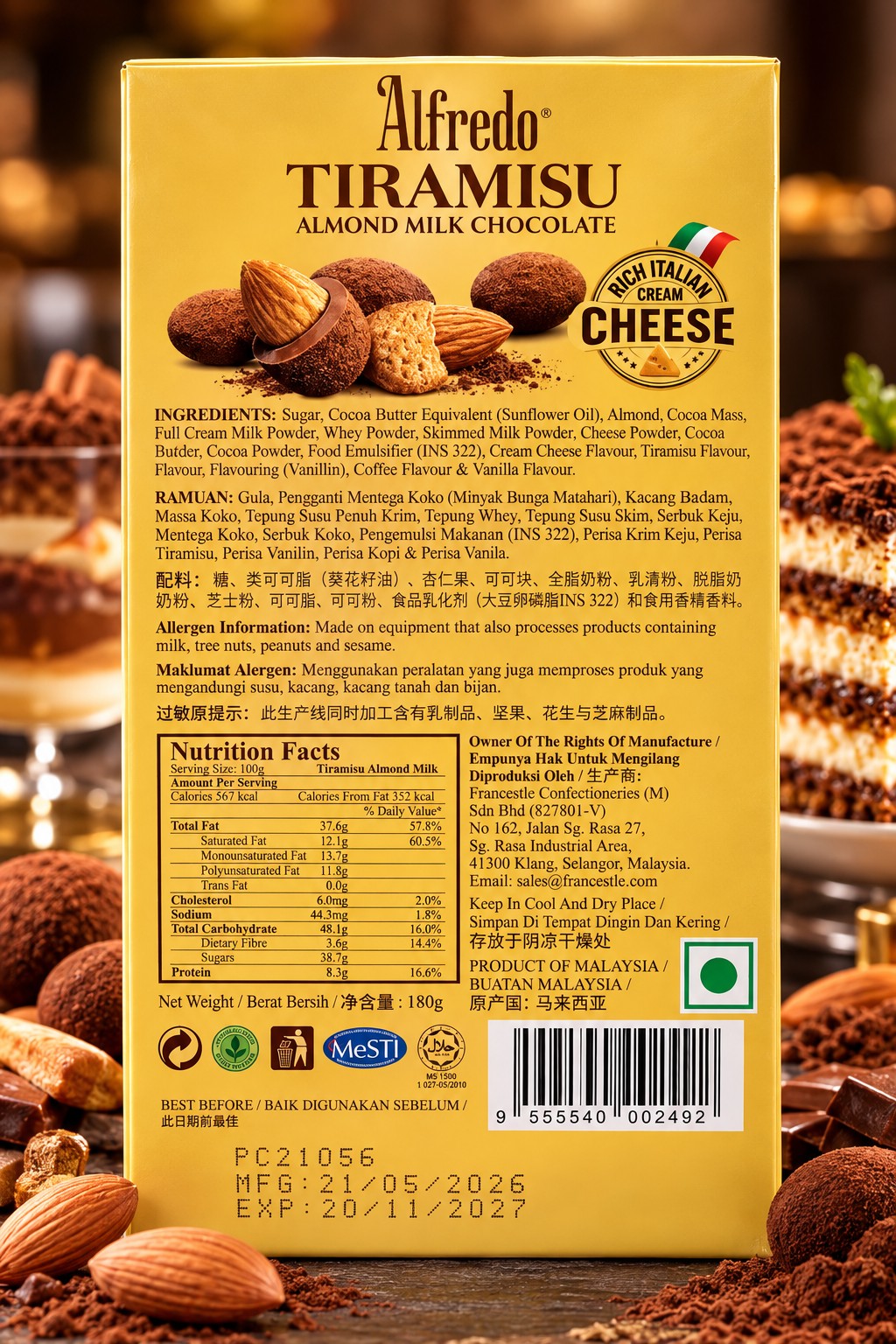Alfredo Tiramisu Almond Milk Chocolate 180gm