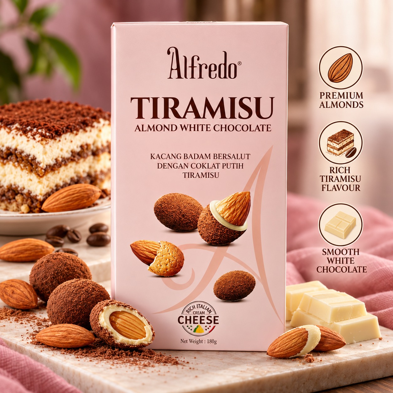 Alfredo Tiramisu Almond White Chocolate 180gm