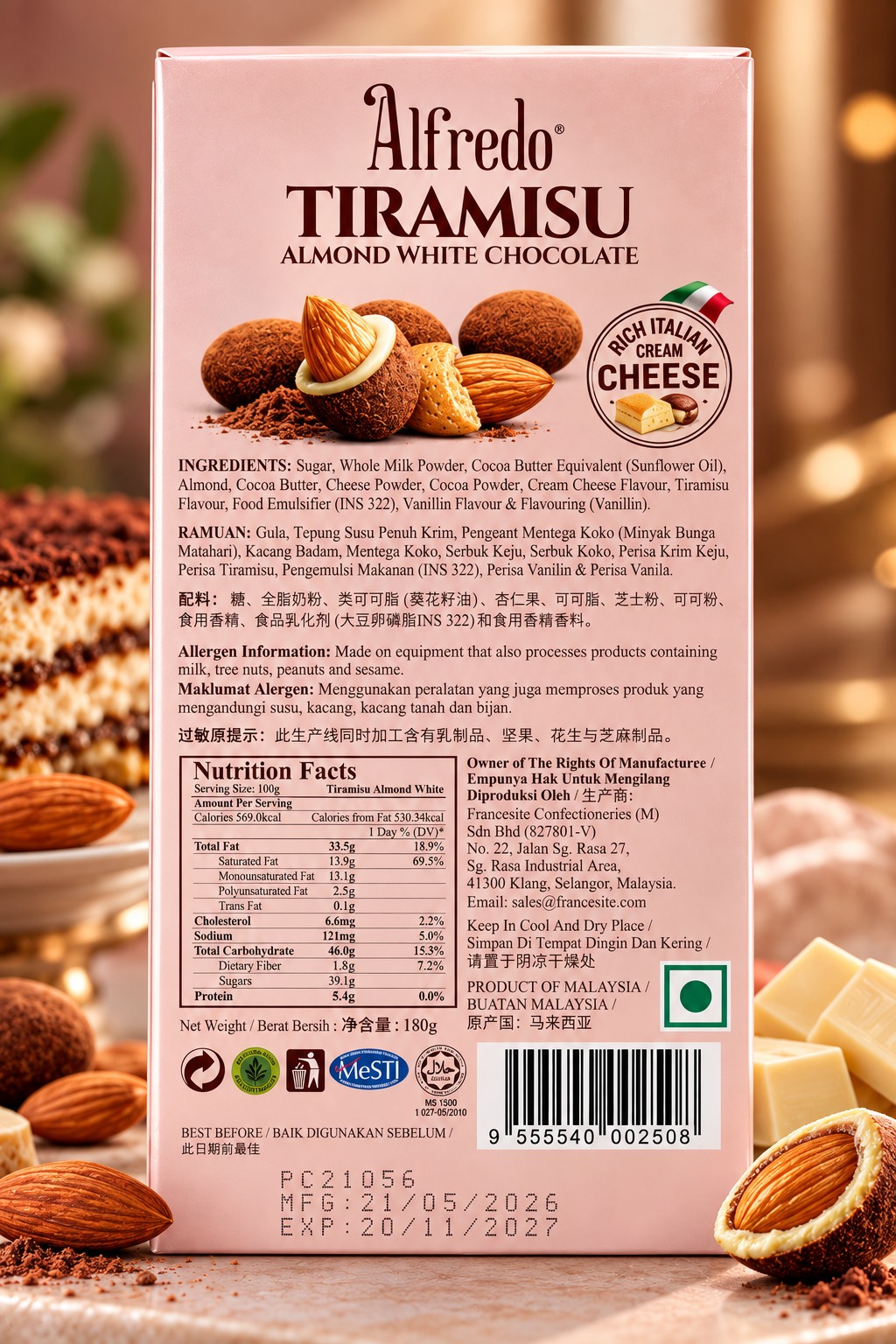 Alfredo Tiramisu Almond White Chocolate 180gm