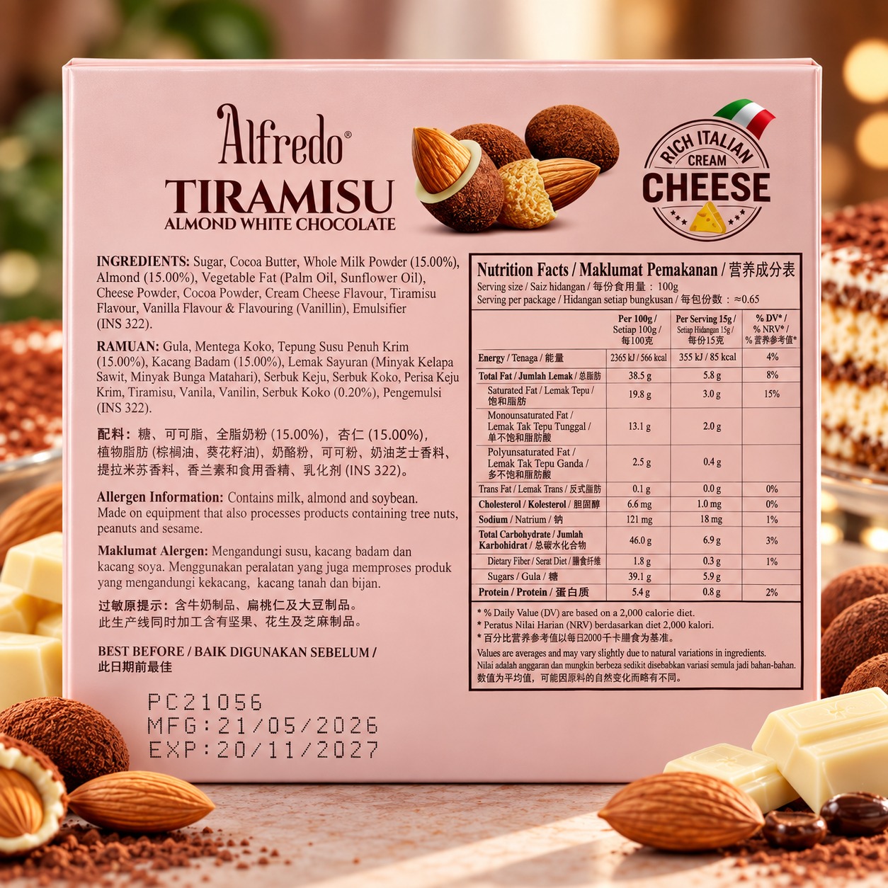 Alfredo Tiramisu Almond White Chocolate 180gm