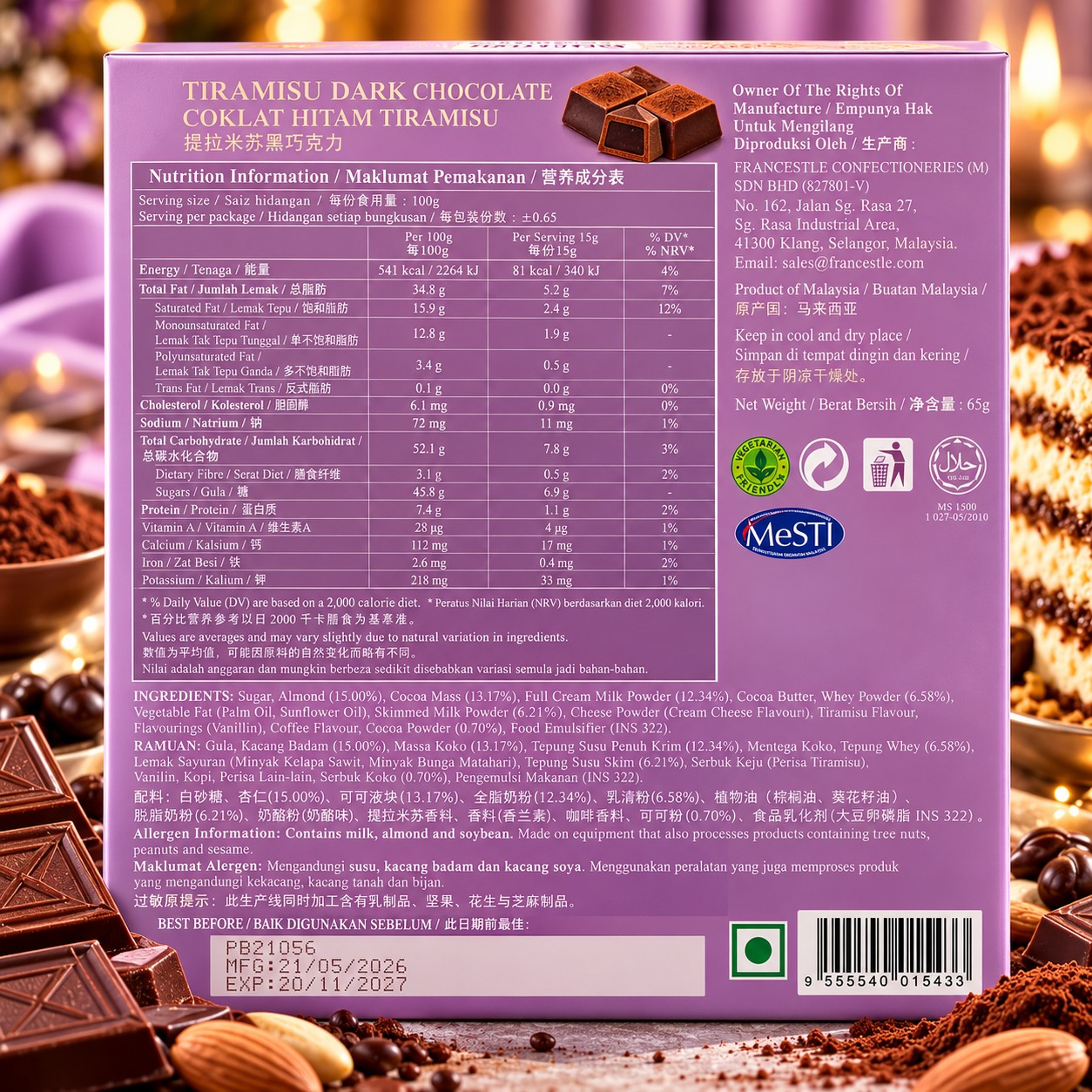 Alfredo Tiramisu Dark Chocolate 65gm