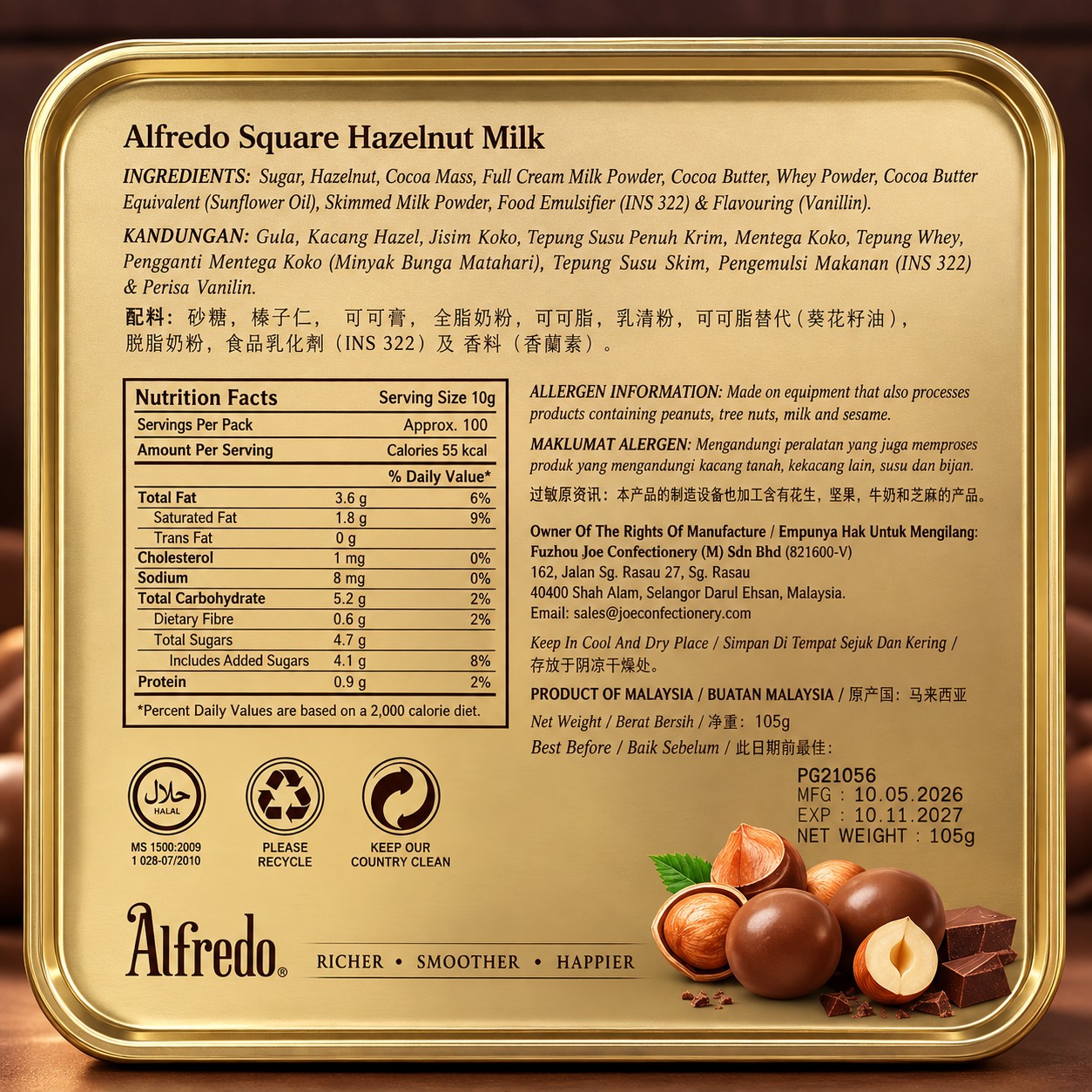 Alfredo Hazelnut Milk Chocolate 300gm