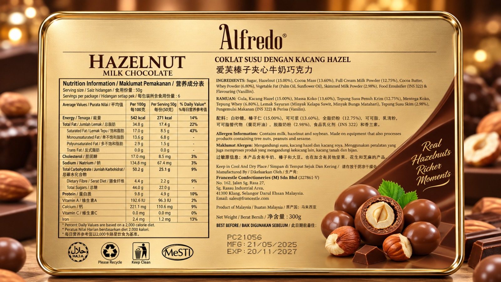 Alfredo Hazelnut Milk Chocolate 300gm