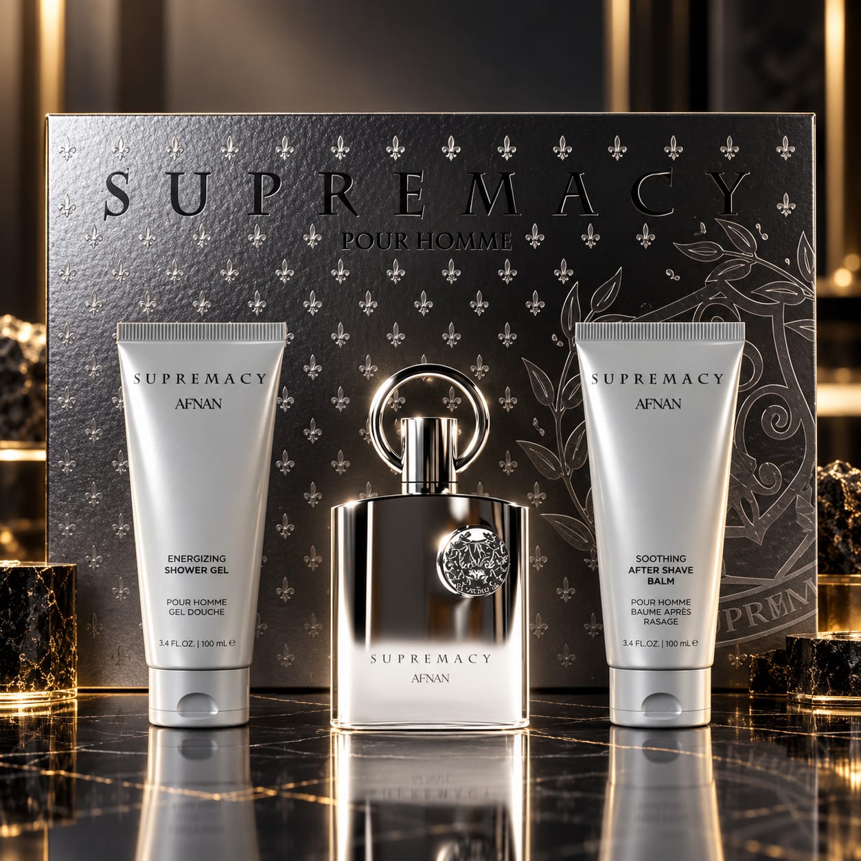 Afnan Supremacy Gift Set For Men 100ml Shower Gel + 100ml Perfume + 100ml After Shave Balm