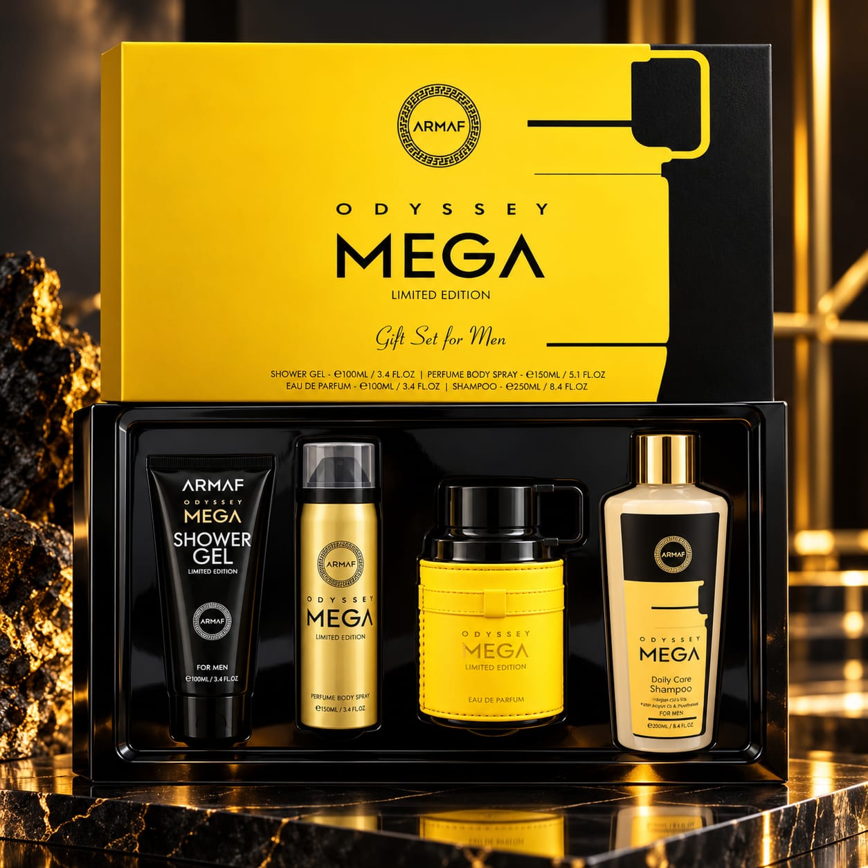 Armaf Odyssey Mega Limited Edition GIft Set For Men 100ml Shower Gel + 50ml Deodorant + 100ml Perfume + 250ml Shampoo