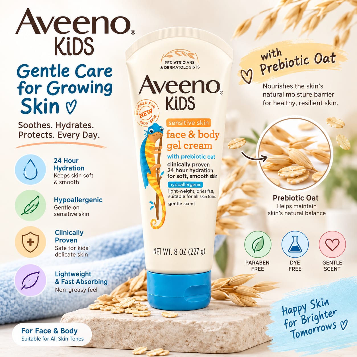 Aveeno Kids Sensitive Skin Face & Body Gel Cream With Prebiotic Oat