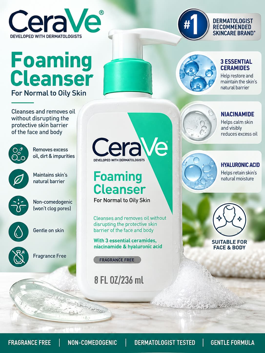 CeraVe Foaming Cleanser For Normal To Oil Skin