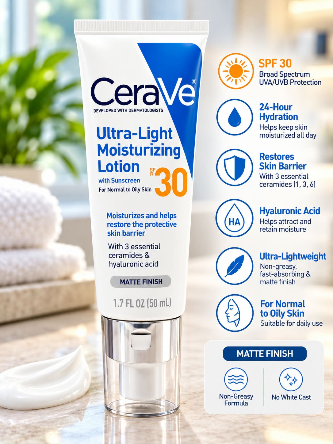 CeraVe Ultra Light Moisturizing Lotion With Sunscreen 30 spf For Normal To Oil Skin
