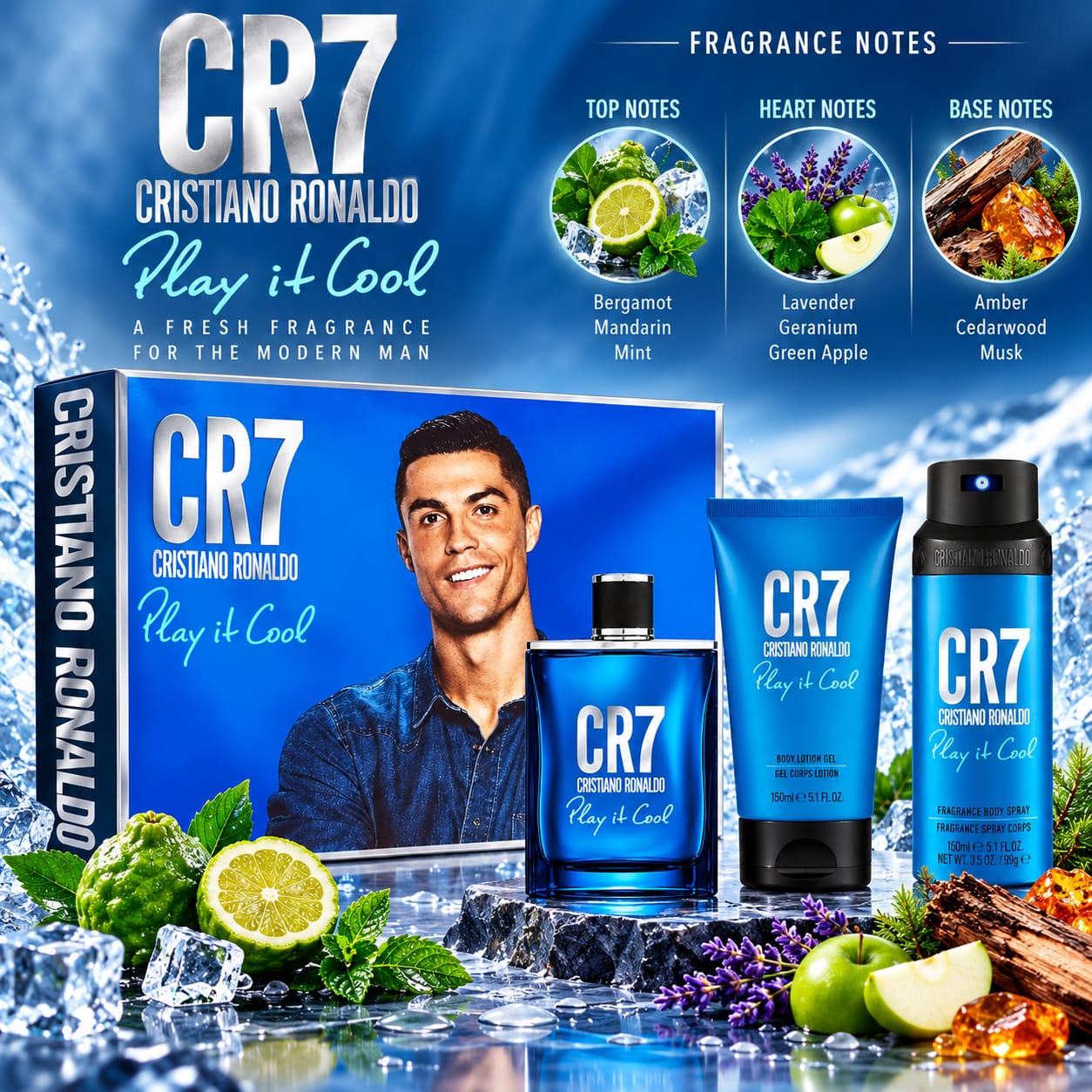 CR7 Cristiano Ronaldo Play It Cool Gift Set For Men 100ml Perfume + 150 Shower Gel + 150ml Deodorant