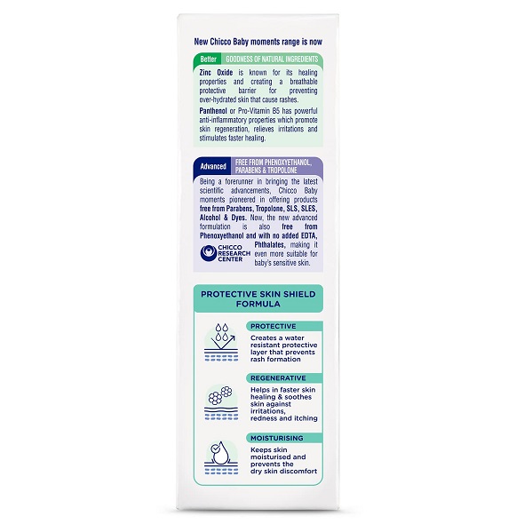Chicco Baby Moments Diaper Rash Cream, New Advanced Triple Protection Skin Shield Formula with Natural Ingredients to Prevent Rashes & Irritation, No Phenoxyethanol & Parabens