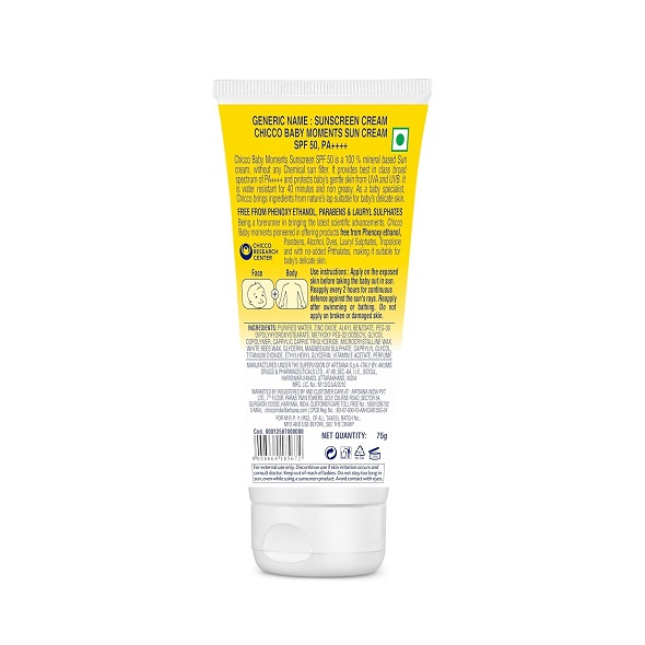 Chicco Baby Moments Mineral Sun Cream SPF 50 for Babies, 75g| 100% Mineral Sunscreen