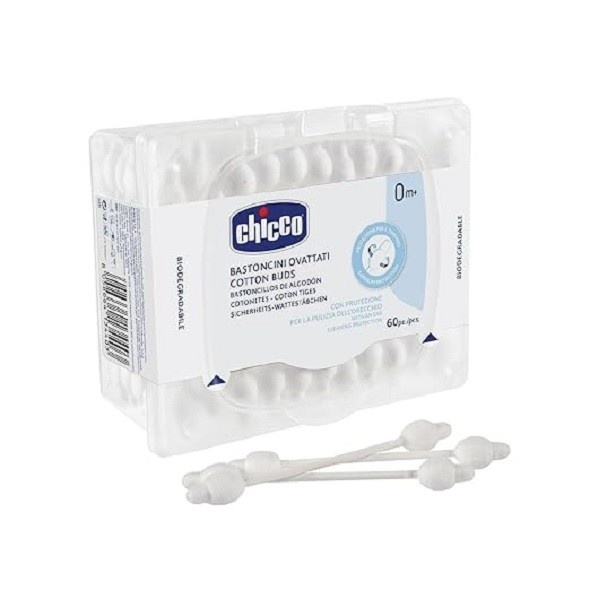 Chicco Cotton Buds with Ear Drum Protection, Made of Paper Stem, Safe and Hygienic for Babies, Biodegredable, 90 count