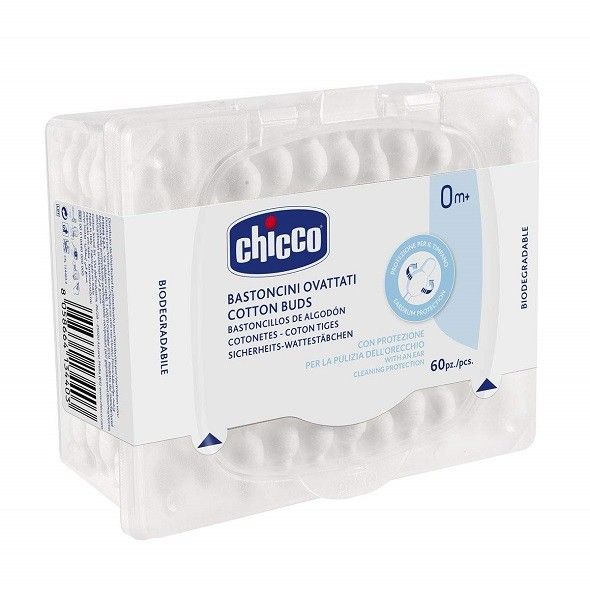 Chicco Cotton Buds with Ear Drum Protection, Made of Paper Stem, Safe and Hygienic for Babies, Biodegredable, 90 count
