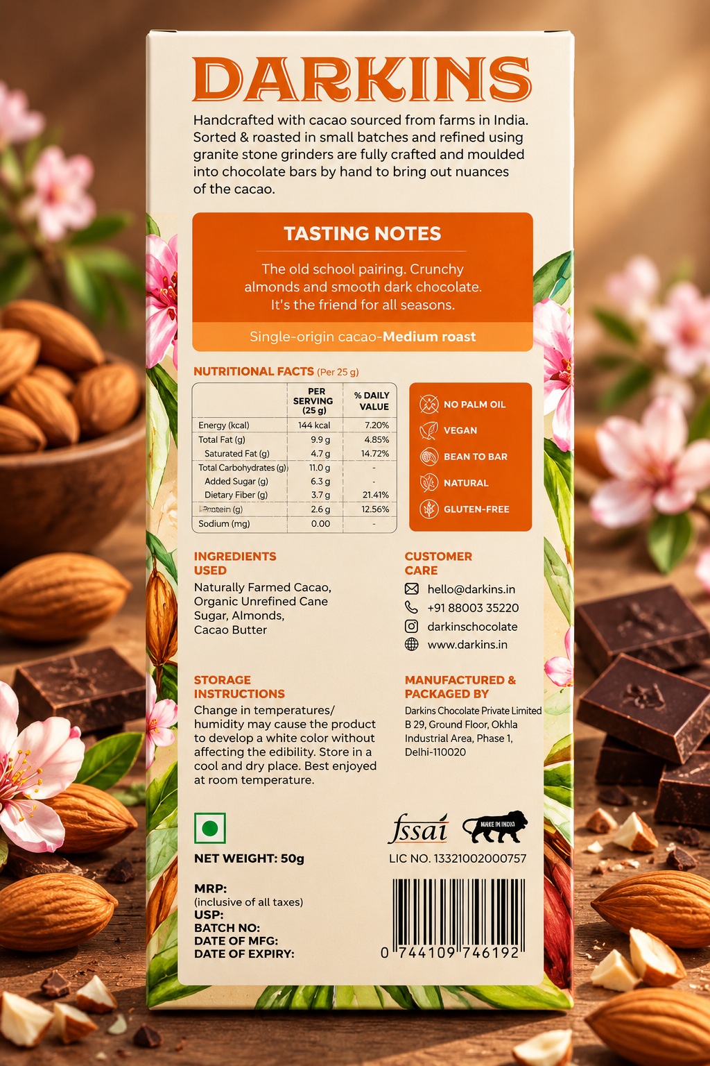 DARKINS INDIAN ARTISANAL CHOCOLATE 70% Dark Chocolate Roasted Almond 50g