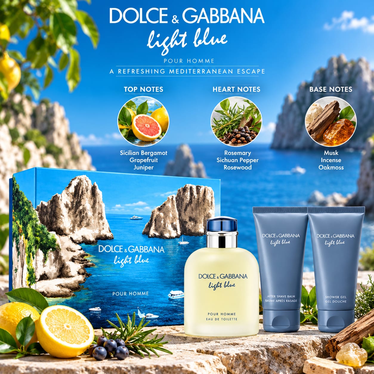 Dolce & Gabbana Light Blue Gift Set For Men 100ml Perfume + 50ml Shower Gel + 50ml After Shave Balm