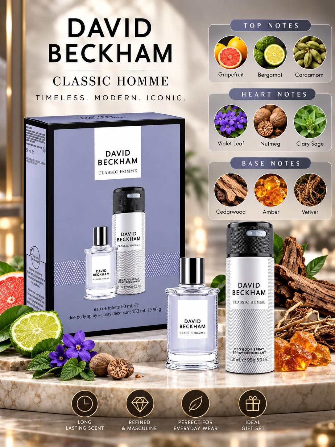 David Beckham Classic Homme Gift Set For Men  50ml Perfume + 150ml Deodorant