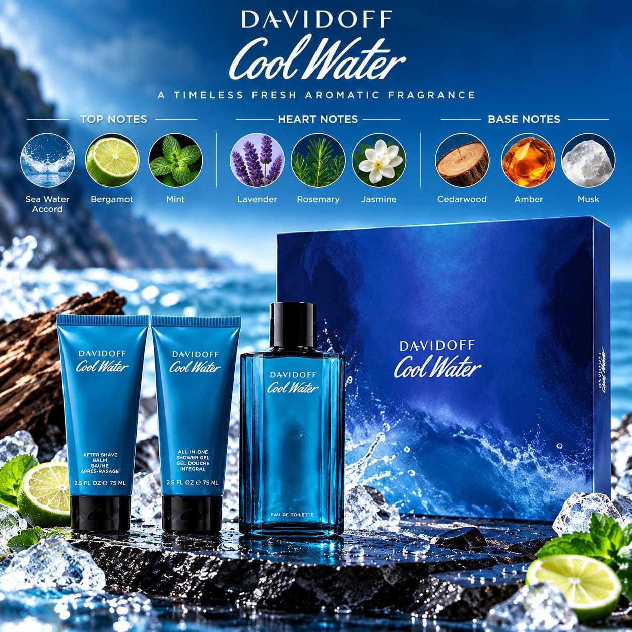 Davidoff Cool Water Gift Set For Men 125ml Perfume + 75ml Shower Gel + 75ml After Shave Balm