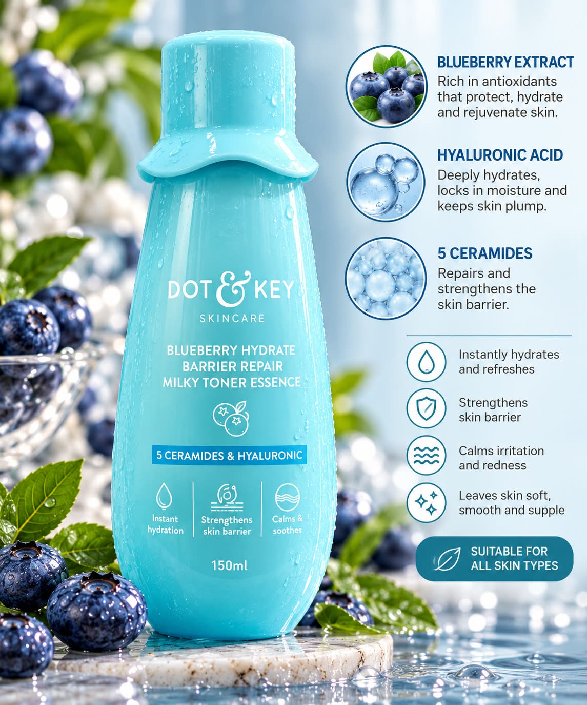 Dot & Key Blueberry Hydrate Barrier Repair Milky Toner Essence 150ml