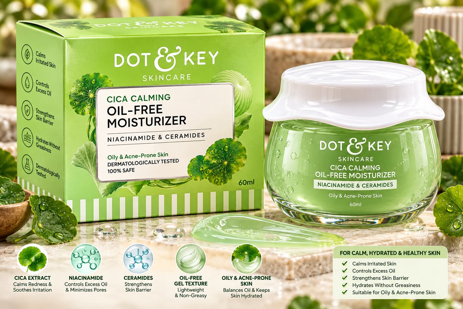 Dot & Key Cica Calming Oil - Free Moisturizer  Niacinamide &  Ceramides  Oily & Acne -prone skin 60ml