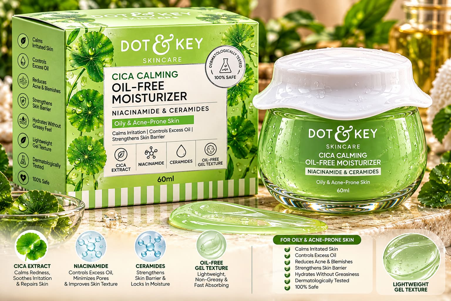 Dot & Key Cica Calming Oil - Free Moisturizer  Niacinamide &  Ceramides  Oily & Acne -prone skin 60ml