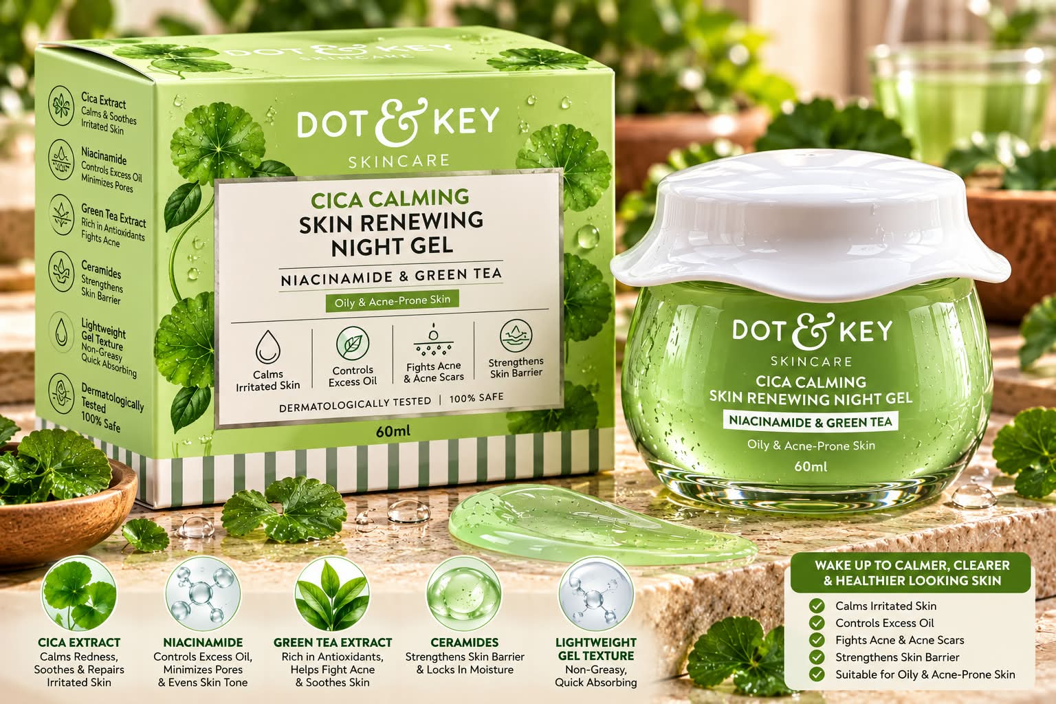 Dot & Key  Skin Care Cica Calming Skin Renewing Night Gel Niacinamide & Green Tea 60ml