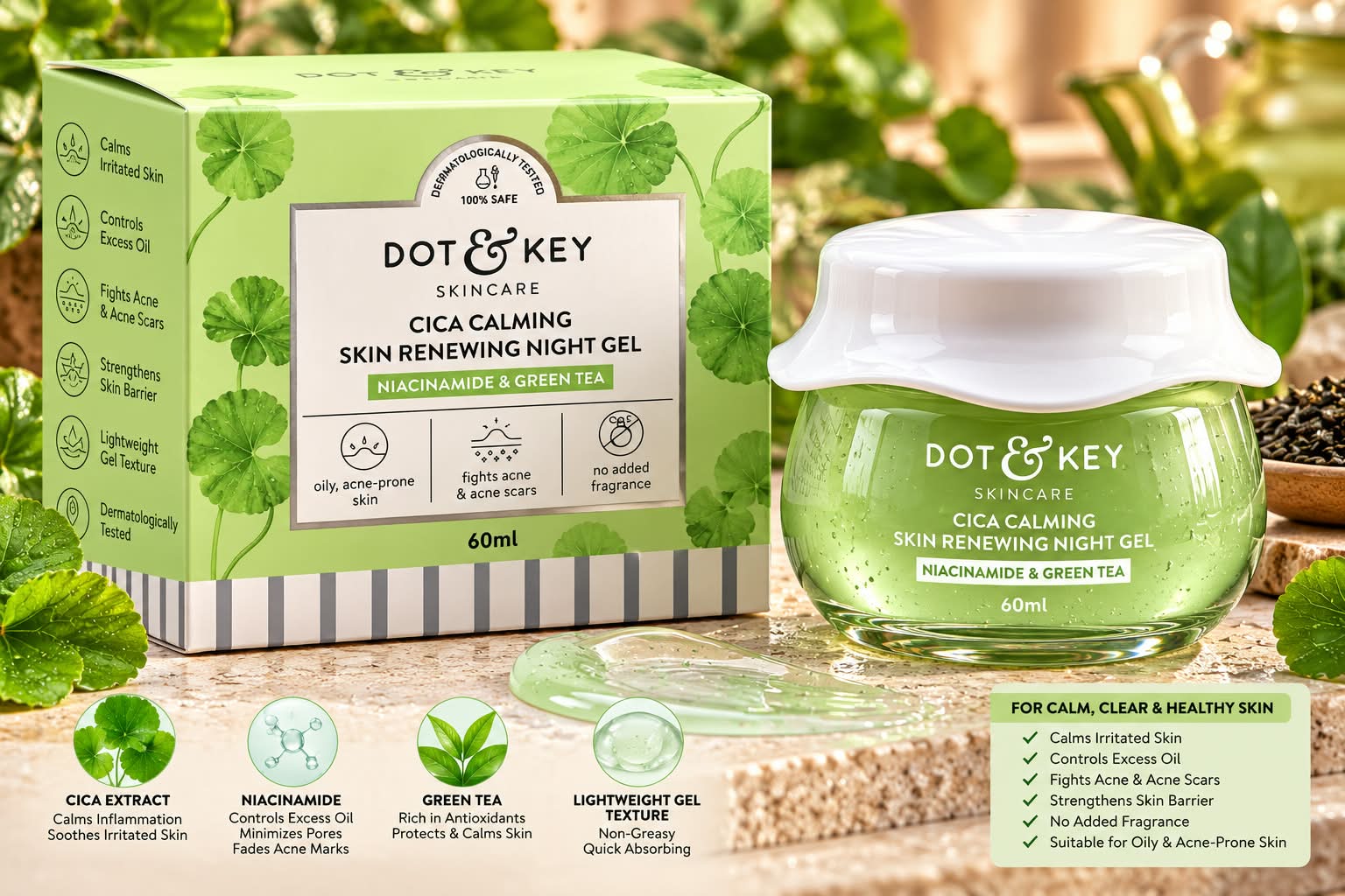 Dot & Key  Skin Care Cica Calming Skin Renewing Night Gel Niacinamide & Green Tea 60ml