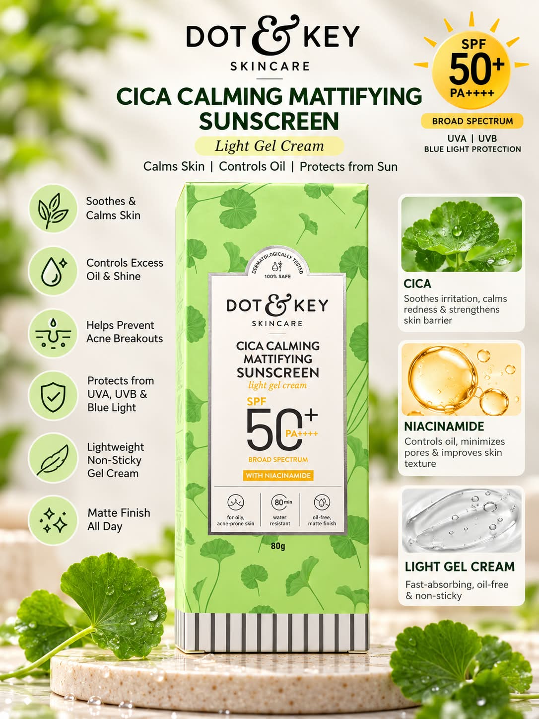 Dot & Key Cica Calming Mattifying Sunscreen Light Gel Cream SPF 50+ PA++++