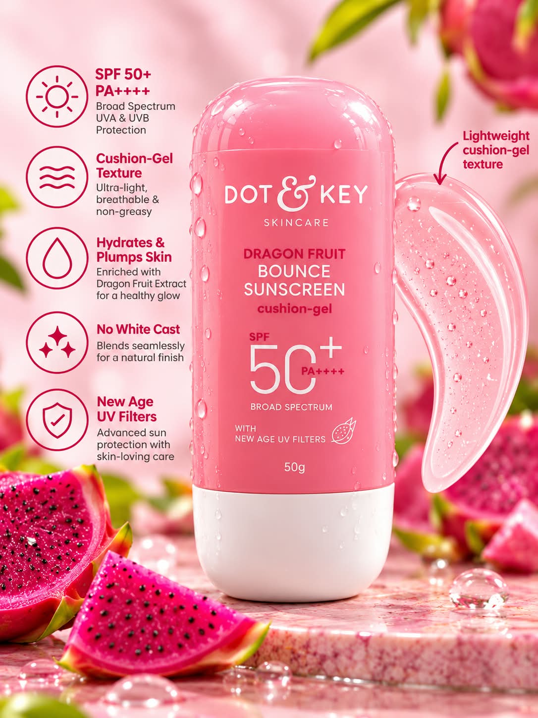 Dot & Key Dragon Fruit Bounce Sunscreen Cushion-Gel SPF 50+ PA++++