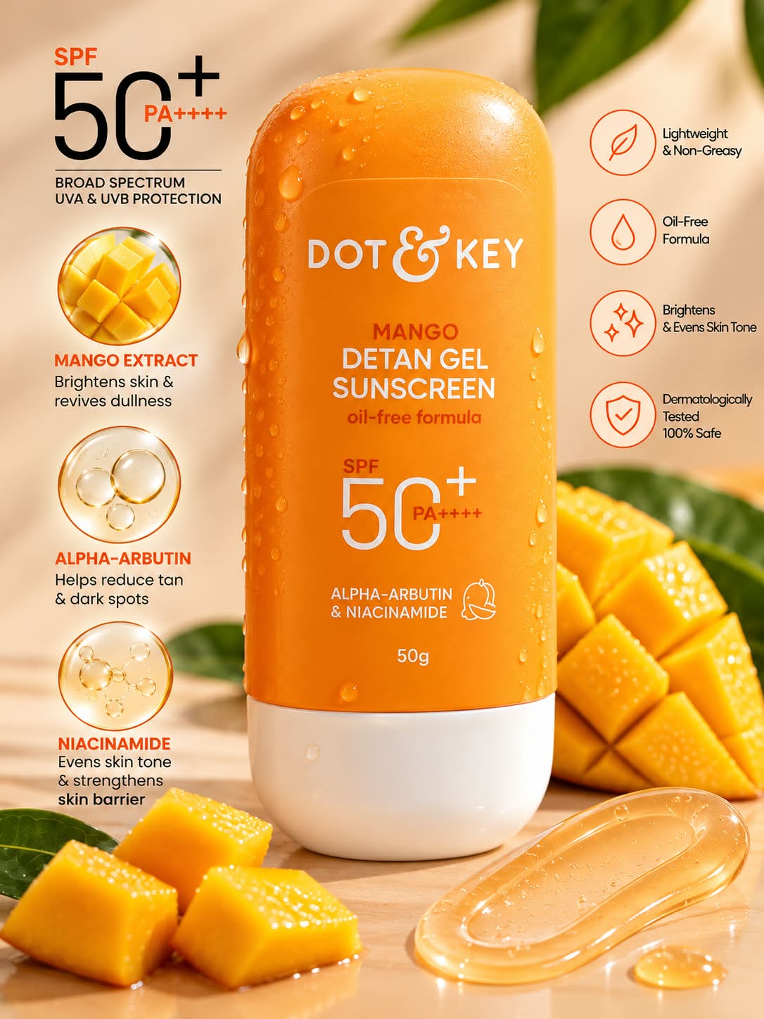 Dot & Key Mango Detan Gel Sunscreen Oil - Free Formula SPF 50+ PA++++