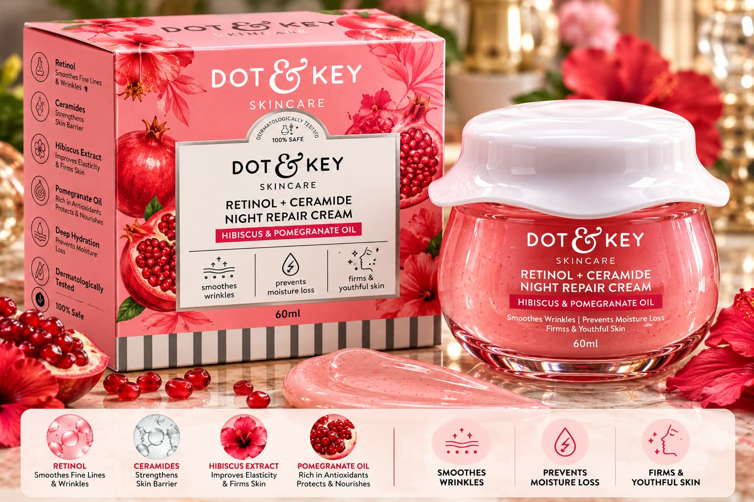 Dot & Key Skin Care Retinol + Ceramide Night Repair Cream Hibicus & Pomegranate Oil 60ml