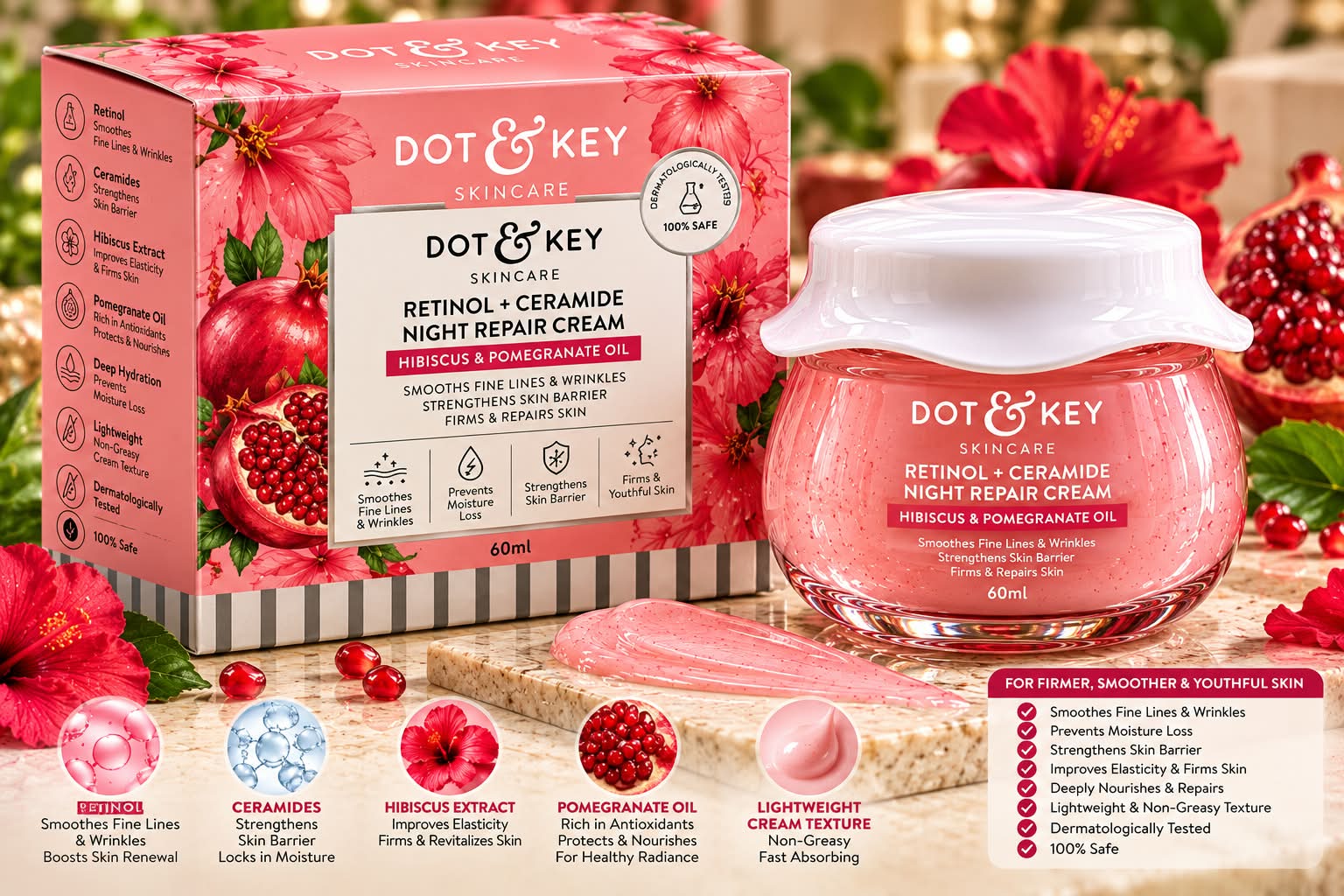 Dot & Key Skin Care Retinol + Ceramide Night Repair Cream Hibicus & Pomegranate Oil 60ml