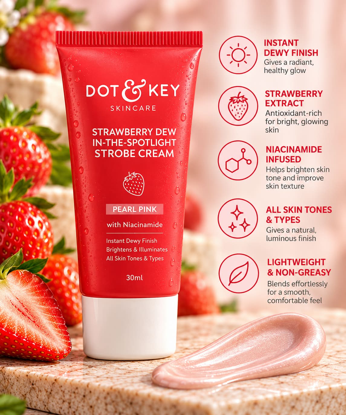 Dot & Key Strawberry Dew In-The -Spotlight Strobe Cream Pearl Pink 30ml