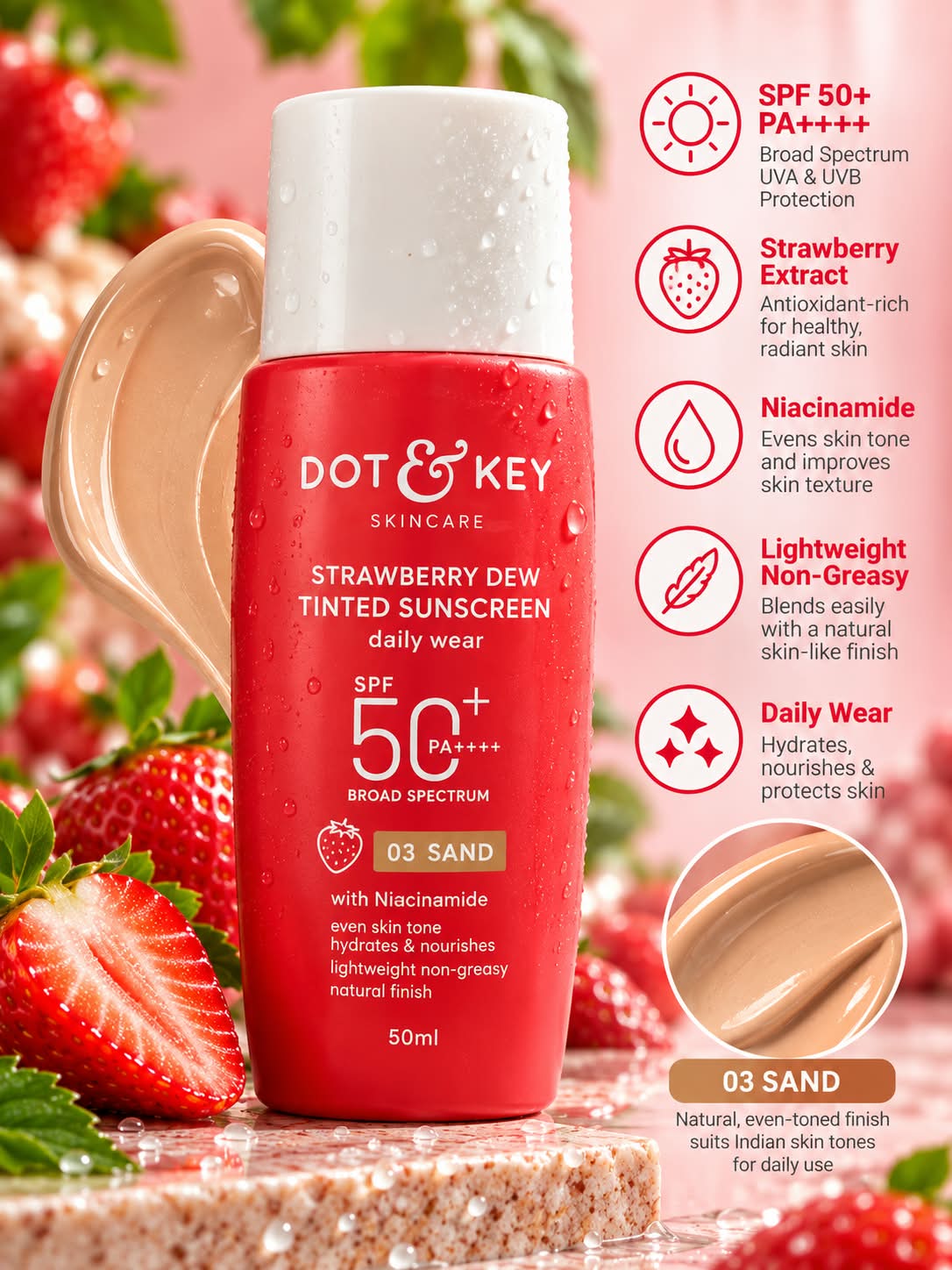 Dot & Key Strawberry Dew Tinted Sunscreen Daliy Wear SPF50+ PA++++ 50ML