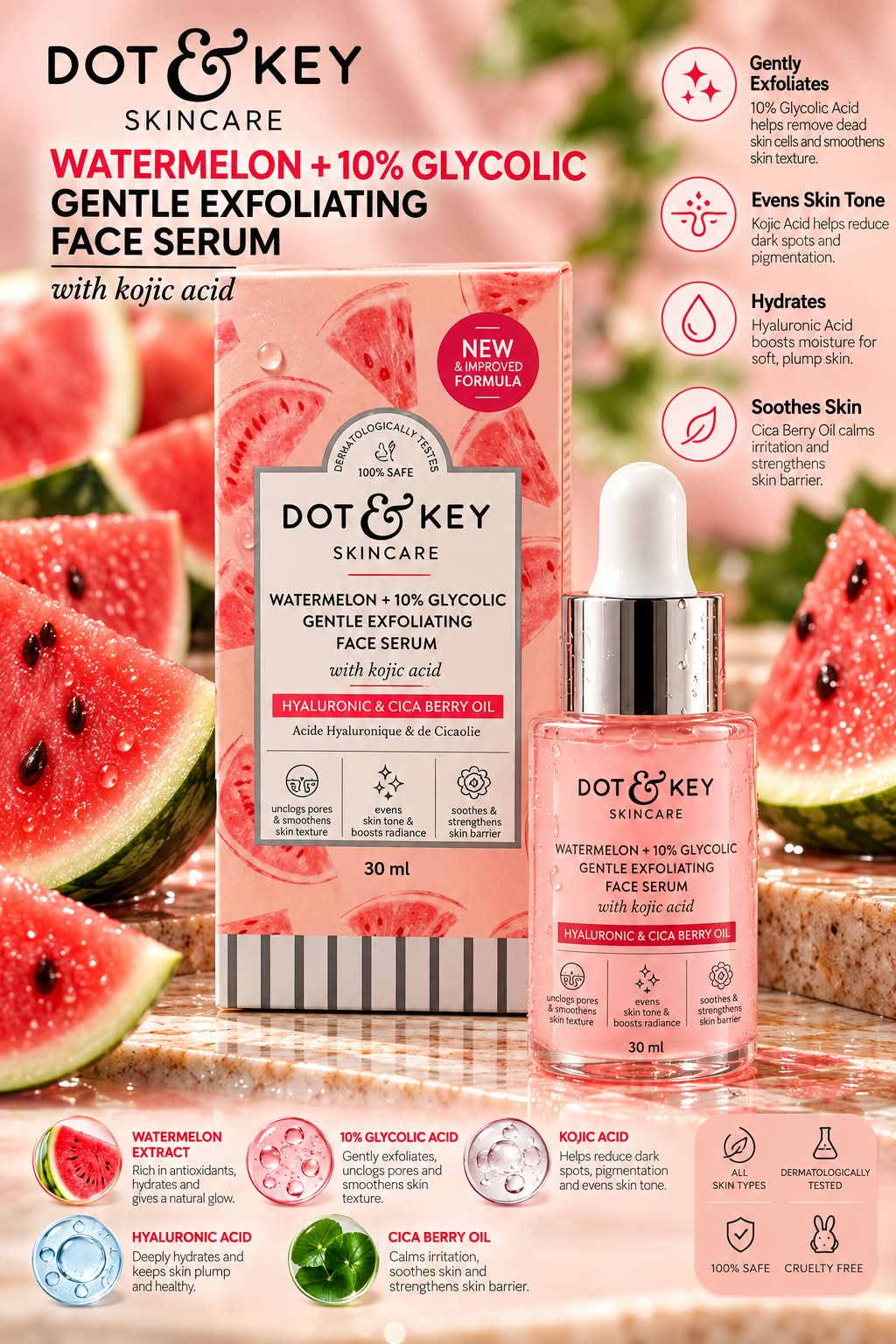 Dot & Key Watermelon + 10% Glaycolic Gentle Exfoliating Face Serum With Kojik Acid 30ml