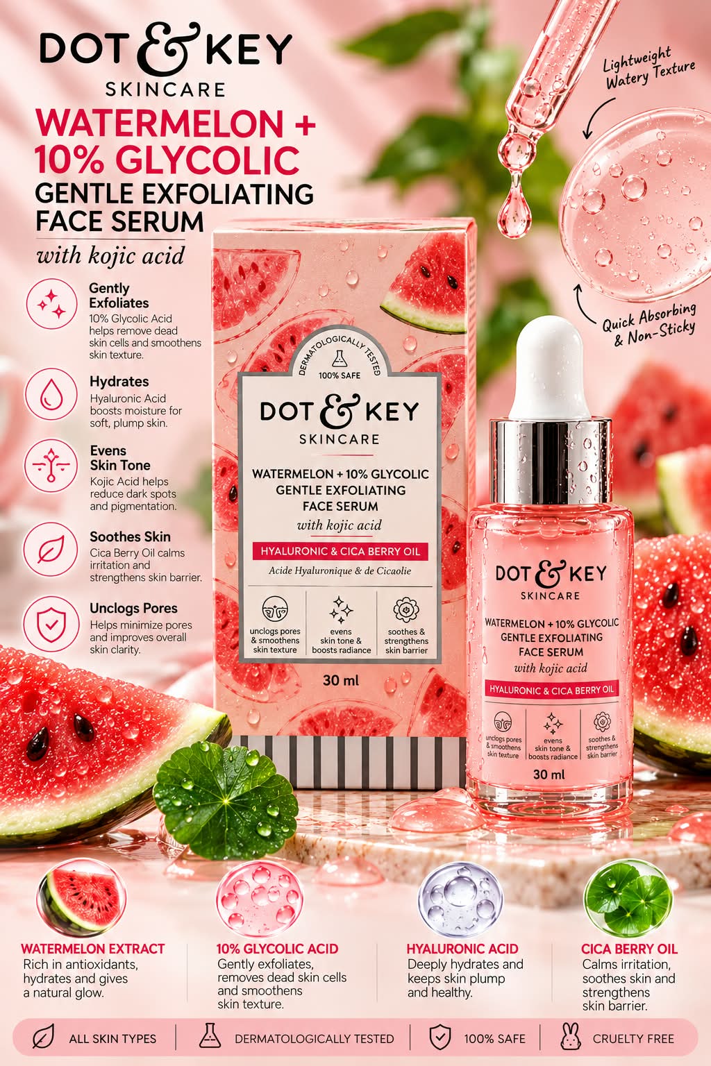 Dot & Key Watermelon + 10% Glaycolic Gentle Exfoliating Face Serum With Kojik Acid 30ml