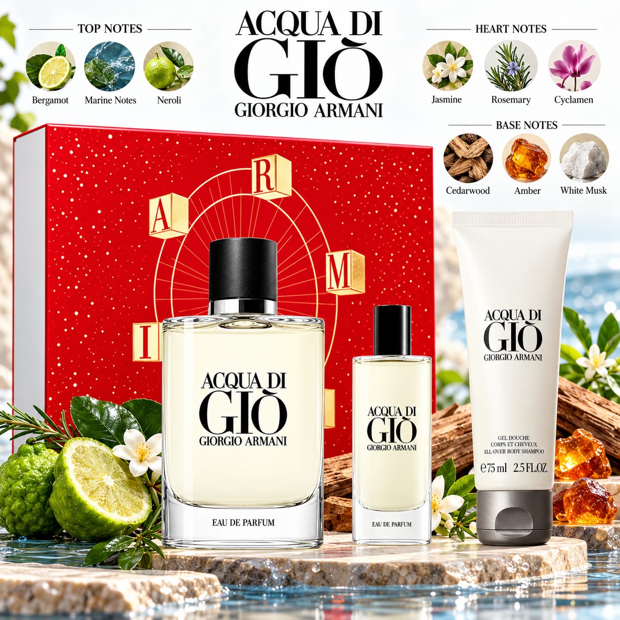 Giorgio Armani Acqua di Giò EDP Gift Set For Men 125ml Perfume + 15ml Travel Spray + 75ml Shower Gel