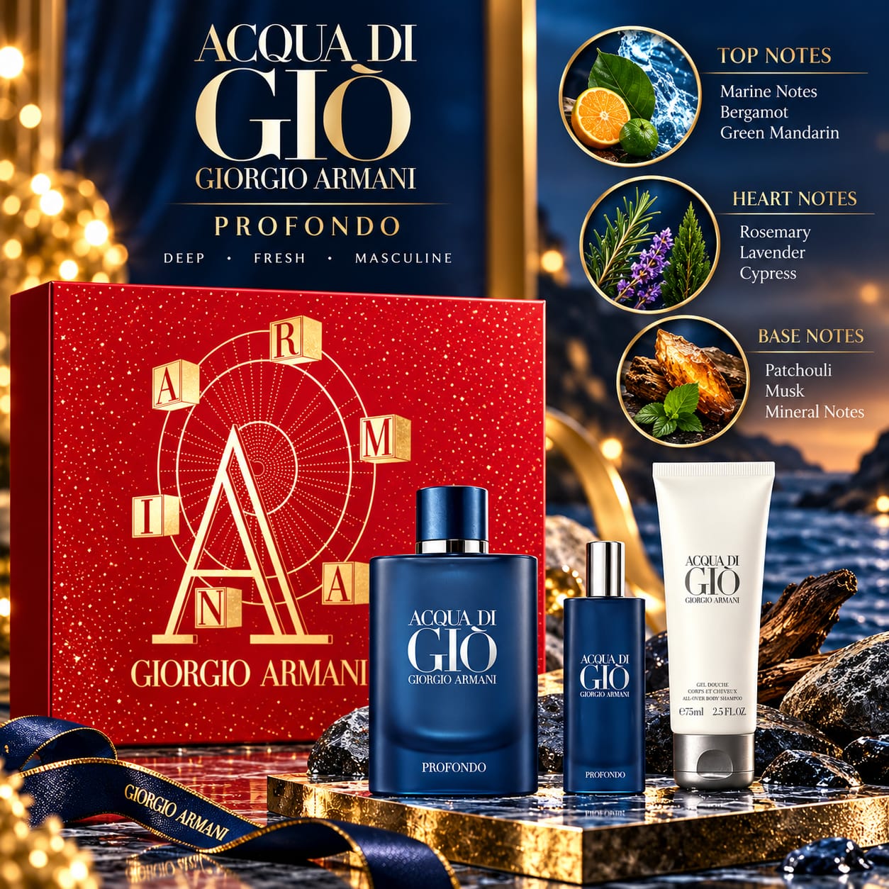 Giorgio Armani Acqua Di Gio Profondo Perfume Gift Set For Men 125ml Perfume + 75ml Shower Gel + 15ml Travel Spray