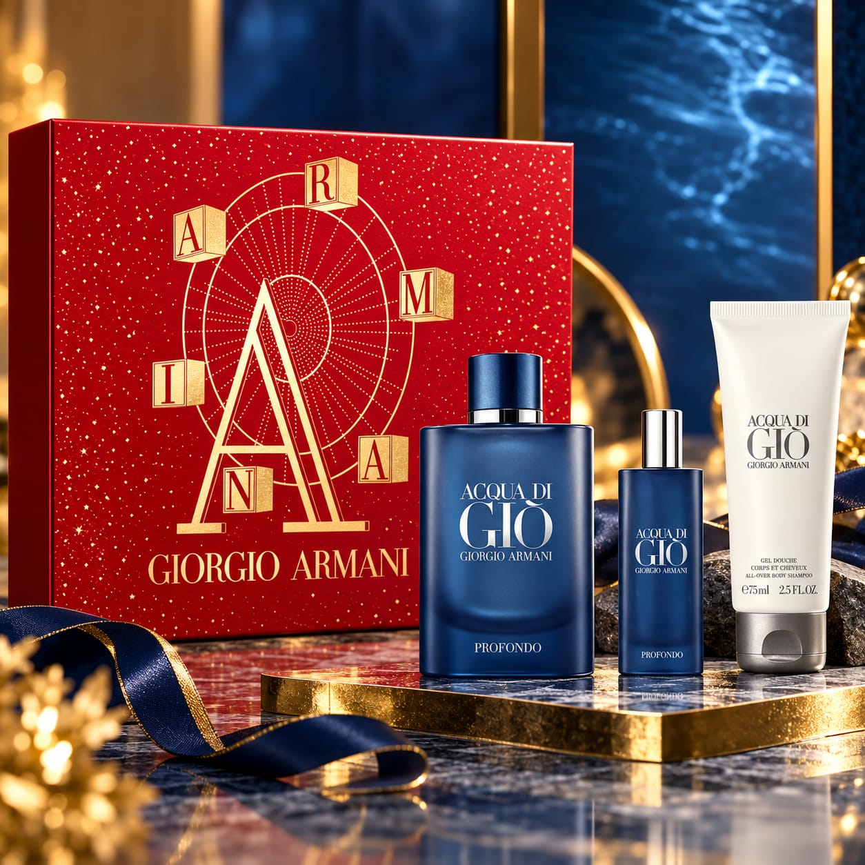 Giorgio Armani Acqua Di Gio Profondo Perfume Gift Set For Men 125ml Perfume + 75ml Shower Gel + 15ml Travel Spray