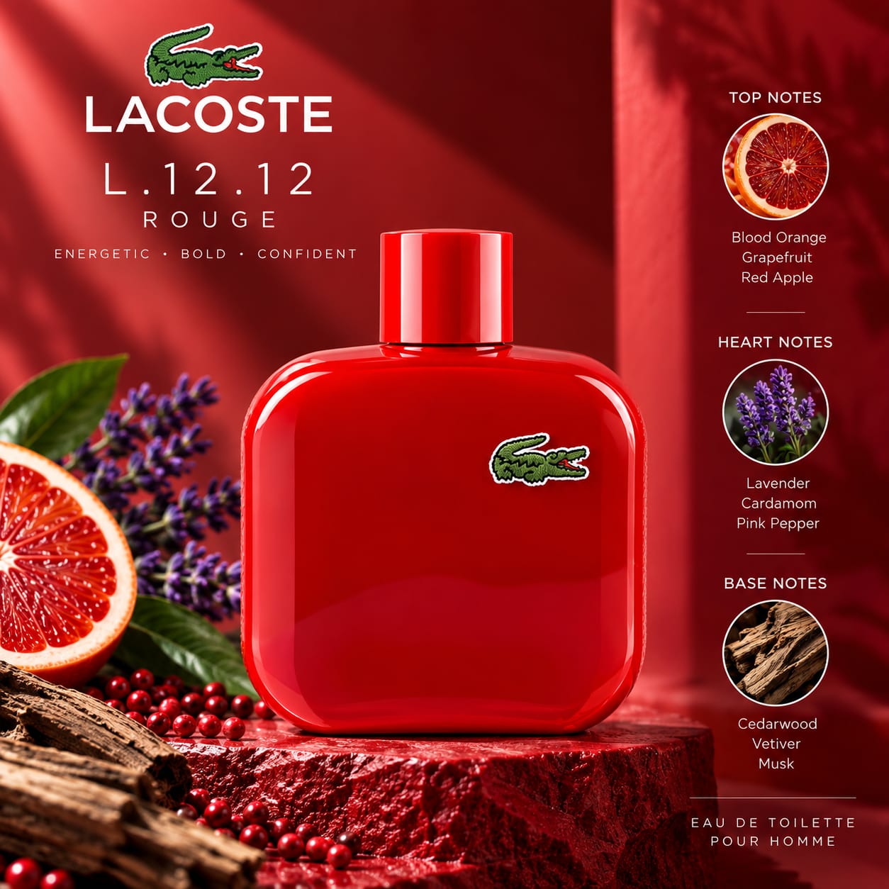 Lacoste Eau De Lacoste L.12.12 Rouge - Energetic Perfume For Men EDT 100ml