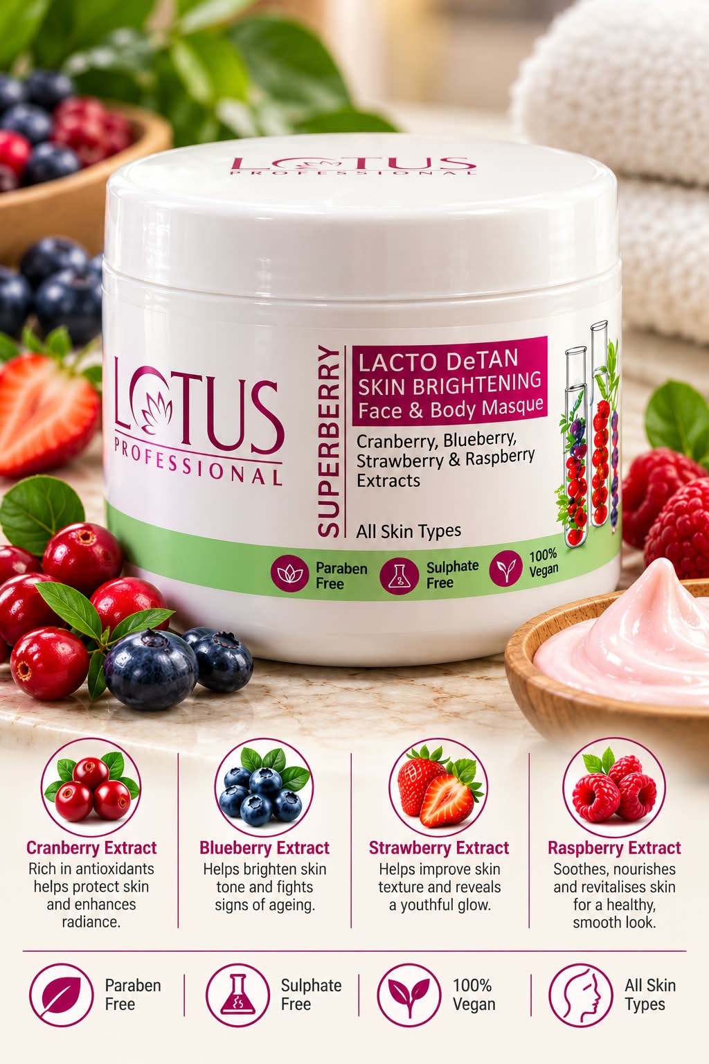 Lotus Professional SUPERBERRY LACTO DeTAN SKIN BRIGHTENING Face & Body Masque 450g