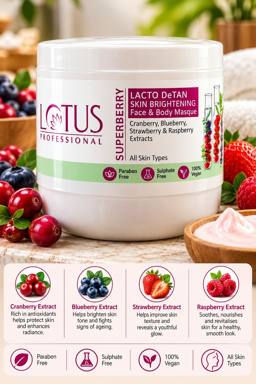 Lotus Professional SUPERBERRY LACTO DeTAN SKIN BRIGHTENING Face & Body Masque 450g