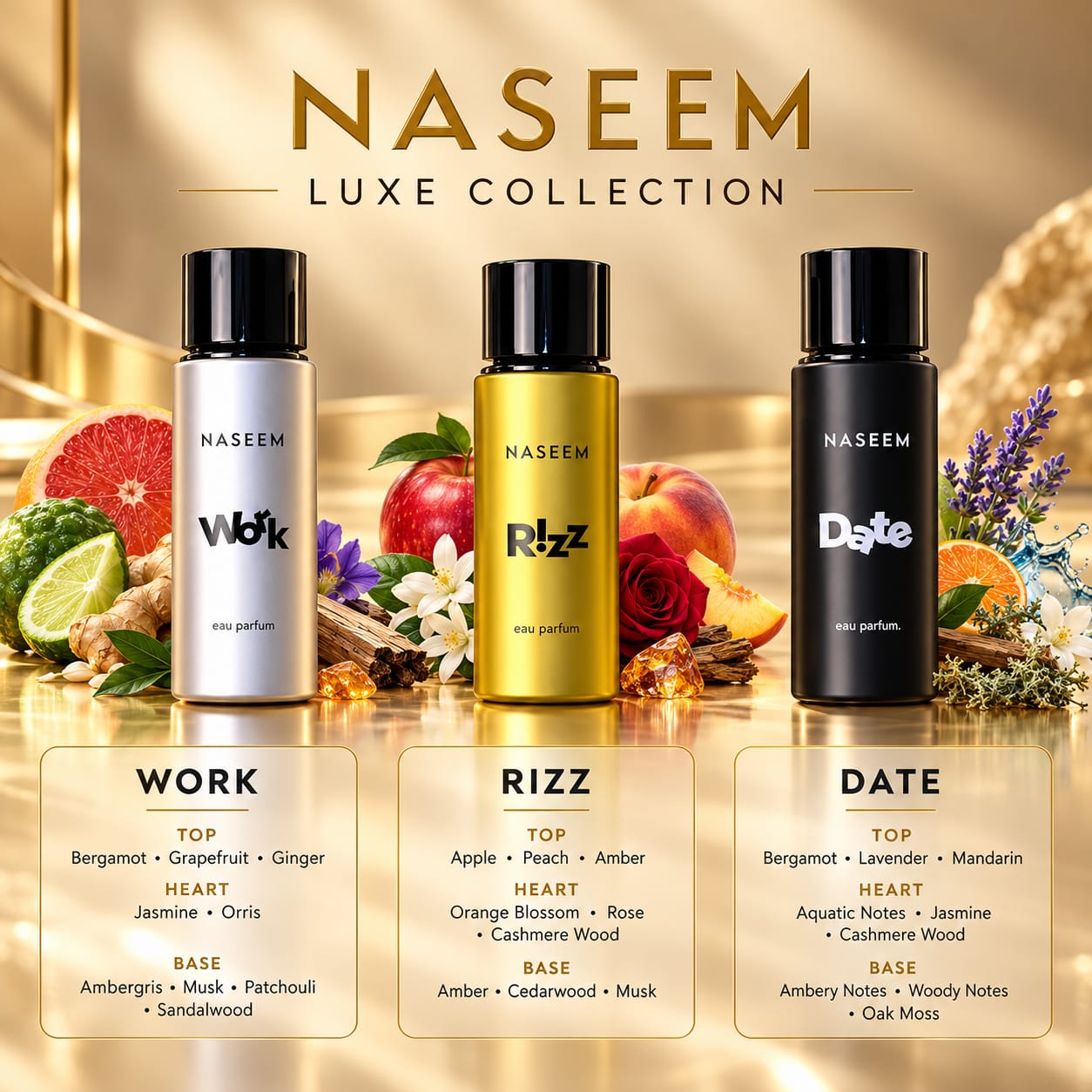 Naseem Luxe Collection Parfum Gift Set 30ml Date + 30ml Rizz + 30ml Work