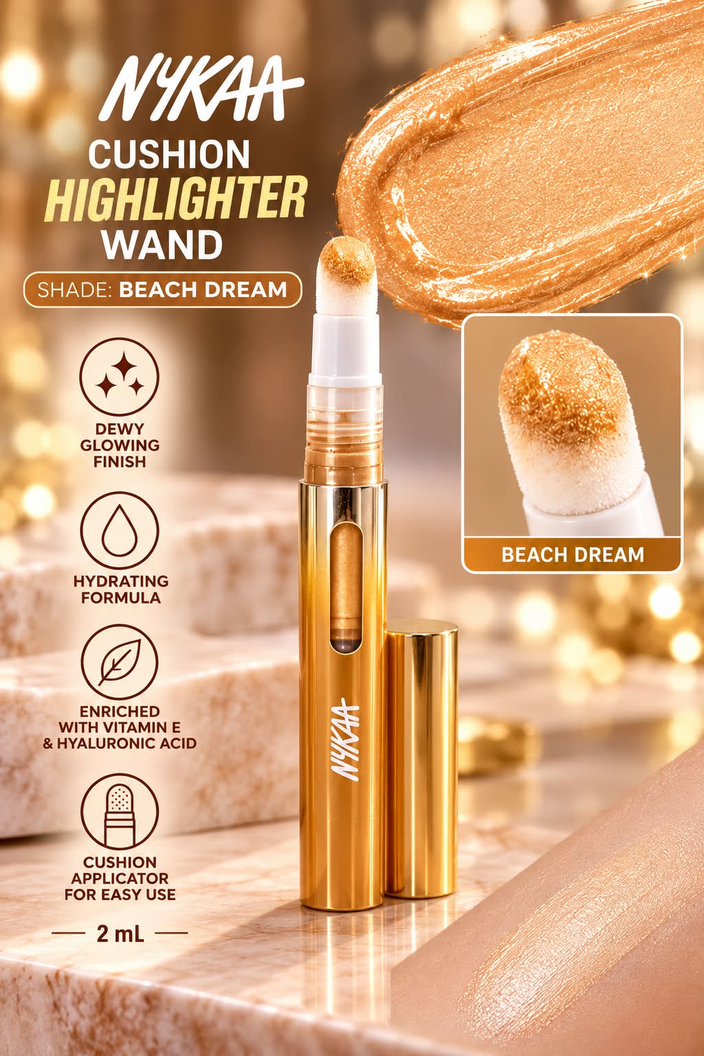 Nykaa Cushion Highlighter Wand Dewy Glowing Hydrating Beam Dream